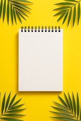 Blank spiral notebook sits poised amidst vibrant yellow backdrop framed by green frond leaves.