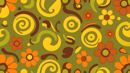 Fototapeta premium A vibrant retro seamless pattern featuring groovy flowers and swirling shapes in a cheerful 1960s and 1970s psychedelic style.