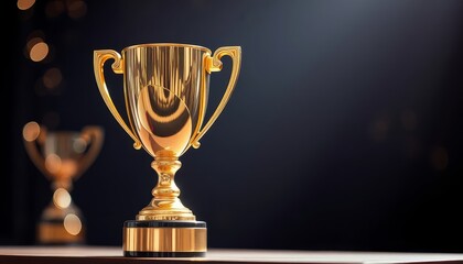 Celebrate Achievement with a Gleaming Gold Trophy on Stage under Lights for Victory, Awards, or Corporate Recognition Events
