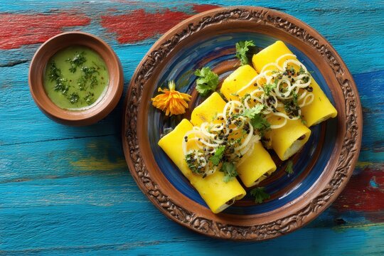 Khandvi a savory snack from Maharashtra and Gujarat is also referred to as Dahivadi or Suralichi Vadi It s typically served on a ceramic plate atop a colorful or wooden table