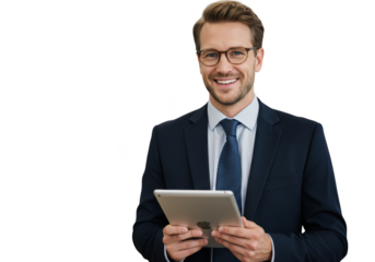 Smiling businessman holding a tablet isolated on transparent background