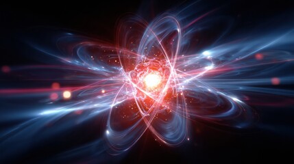 Obraz premium Modern Professional Abstract Atom Visualization with Glowing Charged Particles Premium Tech Innovation Content for Digital Marketing Campaigns