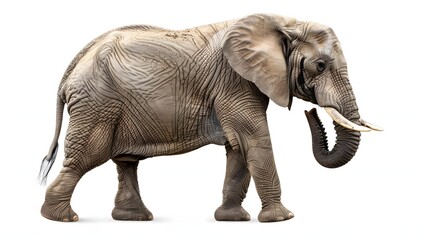Fototapeta premium Large Gray Elephant Walking in White Background with Trunk Up in Natural Posture