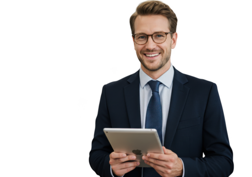 Smiling businessman holding a tablet isolated on transparent background