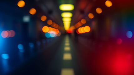 Tunnel of vivid colors and bokeh creates a modern and abstract expression with lights fading into the distance under a low ceiling.