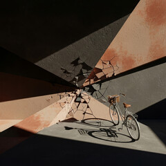 A vintage bicycle casts a shadow amidst a cracked, abstract wall structure.
