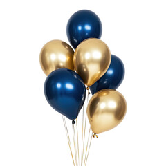 A bunch of dark blue and gold metallic balloons against a white background, a product photo for a web shop.