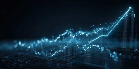 A luminous blue line graph ascends dynamically, symbolizing growth and progress, set against a grid backdrop, ideal for illustrating financial trends and market analysis.