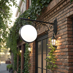A round blank shop sign hanging from a black metal bracket, simple and clean, creating a modern and inviting storefront look.