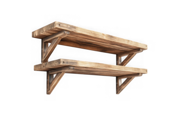 Rustic wooden shelf two tiered wall mounted shelving unit farmhouse style home decor isolated on transparent background