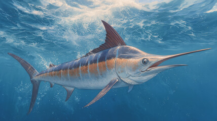 Fototapeta premium Watercolor Painting of Blue Marlin Swimming in Deep Ocean Waters