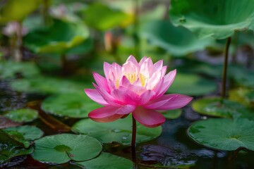 Vibrant pink lotus flowers against a backdrop of green leaves in a pond