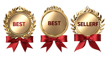 Three golden best and seller award medals with red ribbons isolated on transparent background