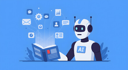 Futuristic AI robot learning from a digital book with holographic data streams and tech icons – modern vector concept for artificial intelligence, machine learning, and digital transformation themes