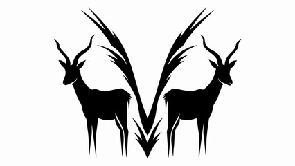 Two antelopes facing each other with tall grass in the middle in a black and white silhouette design