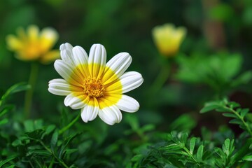 Fototapeta premium Vibrant white and yellow flower against a green backdrop on a sunny day