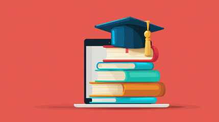 stack of colorful books topped with a graduation cap sits on an open laptop, symbolizing education and online learning.