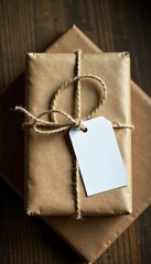 Rustic brown parcel tied with twine, blank label, gift, photography