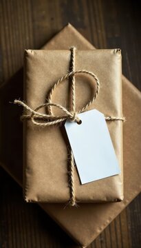 Rustic brown parcel tied with twine, blank label, gift, photography