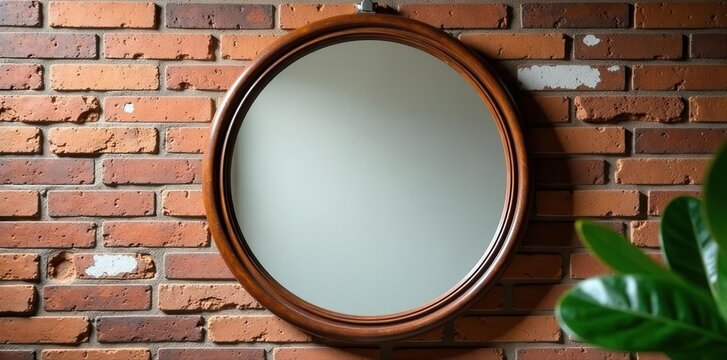 Round mirror on rustic brick wall, ample copy space, clean, vintage