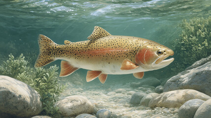 Naklejka premium Watercolor Painting of Rainbow Trout in Mountain Stream Habitat