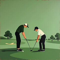 Master Your Golf Swing: Illustrated Scene of a Golfer Practicing a Swing with an Instructor on a Green Course, Ideal for Sports Training, Coaching Concepts, and Athletic Development.
