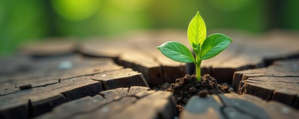 Tiny plant sprouts through cracked wood, tenacious life , survival, adaptation