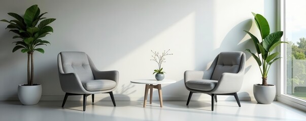 Fototapeta premium Two contemporary grey armchairs in a bright modern waiting room , waiting room furniture, bright, waiting area