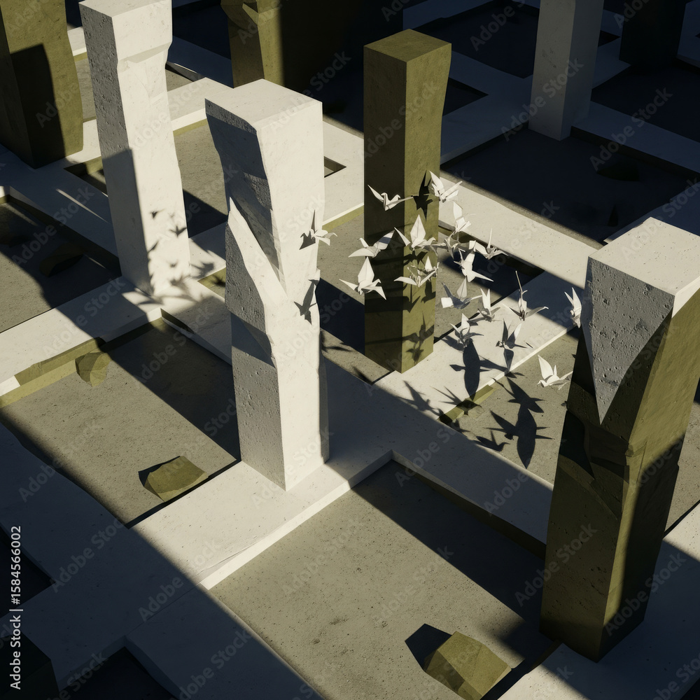 Poster abstract architectural scene with paper cranes flying between light and dark structures.