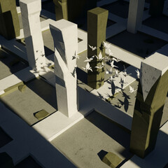 Abstract architectural scene with paper cranes flying between light and dark structures.