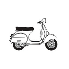 A vintage-style scooter illustration, rendered in simple black and white line art. Isolated on white.