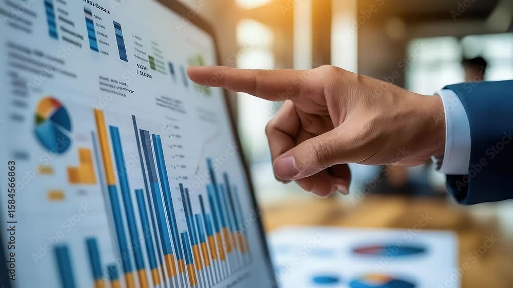 Poster businessman pointing at financial data on a computer screen. graphs charts and pie charts are visibl