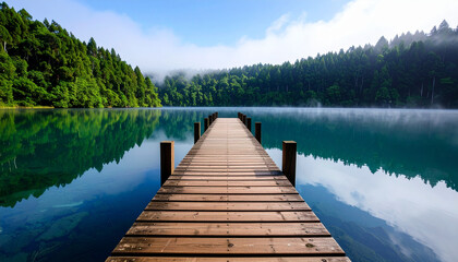 Wooden pier over calm lake with clear reflections and misty forest background under blue sky, creating peaceful and serene atmosphere in nature
