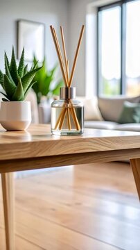 Minimalist interior setting featuring aromatic reed diffuser and potted plant on a wooden table in a bright modern living space