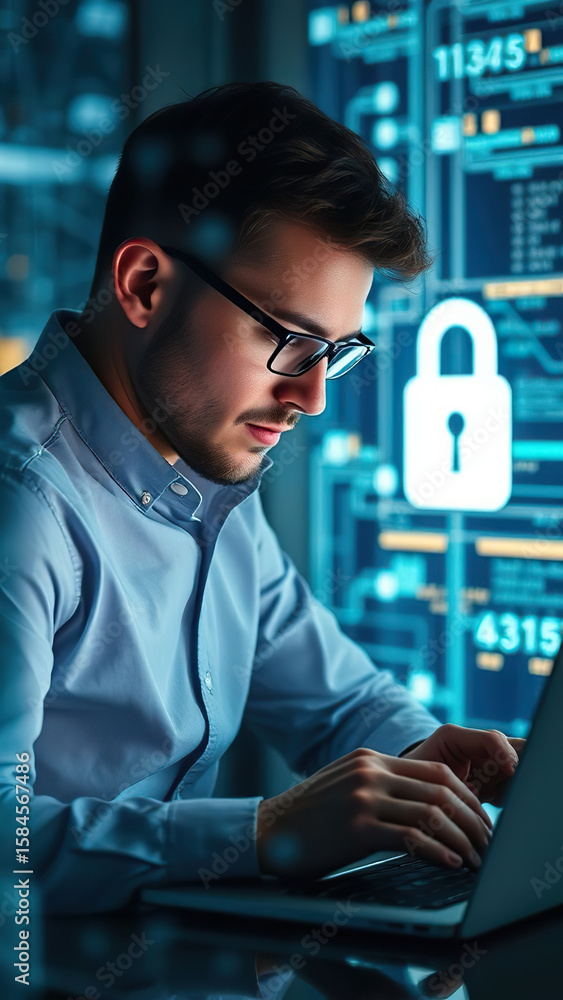 Poster focused man working on laptop in cybersecurity environment, with digital lock icons and data interfa