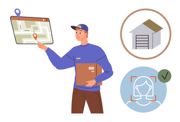 Man holding package uses digital map, pointing to destination. Features secure garage and identity verification. Ideal for delivery, logistics, security, technology, AI, verification automation