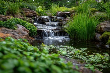 A serene waterfall surrounded by vibrant plants provides a calming and beautiful sight