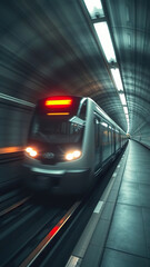 Modern subway train speeds through illuminated underground tunnel, creating dynamic and futuristic atmosphere