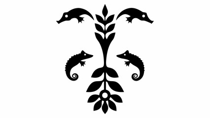 Symmetrical arrangement of seahorses and floral elements in a decorative black and white design motif