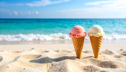 Two ice cream cones with pink and white scoops stand in warm sand on sunny beach with turquoise ocean waves and blue sky, evoking joyful summer feeling
