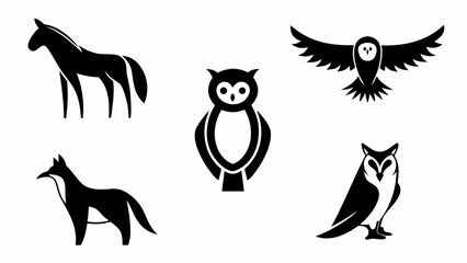 Illustration of a horse, a fox, and three owls in a simple black and white vector design style
