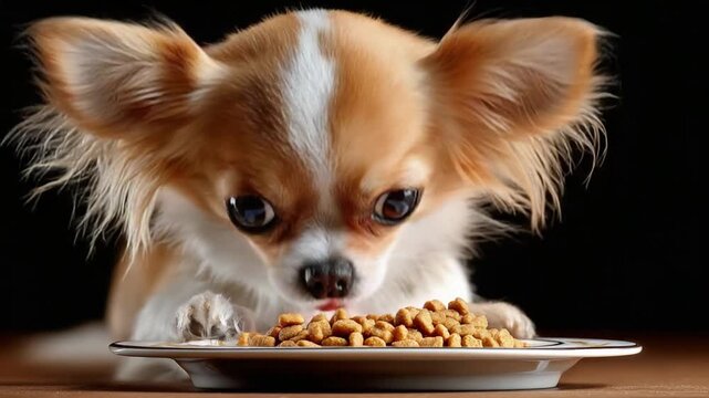 Chihuahua Gazing at Food: A close-up shot of a small, charming chihuahua fixated on a plate of kibble, captured with remarkable detail, revealing the dog's endearing nature.