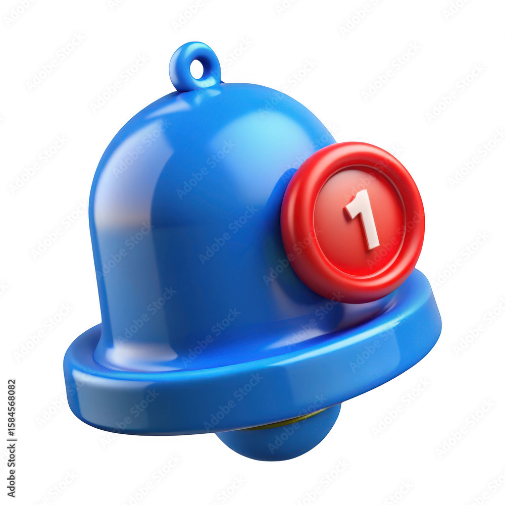 Poster 3d blue notification bell with red badge and number 1 isolated on transparent background