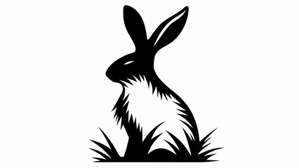 Silhouette of a rabbit sitting in grass with long ears and sharp fur in black and white design vector © Ijaz