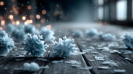 Winter Snowflakes on Wooden Surface with Blurred Lights in Background