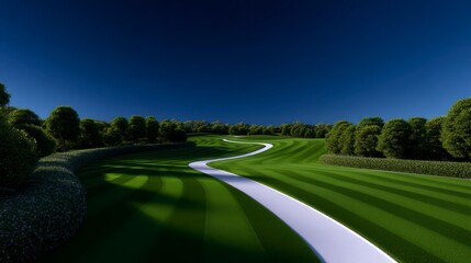 Lush green golf course with manicured lawns scenic view peaceful outdoor activity bright and sunny day leisure and relaxation 3D illustration. Serene landscape idyllic setting vibrant