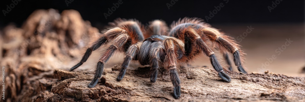 Poster close-up view of a tarantula exploring dry bark in a natural setting with soft background focus
