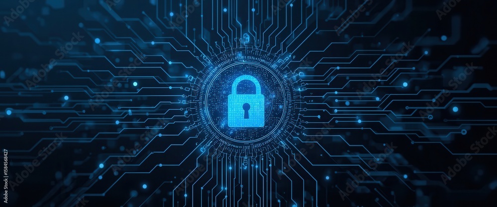 Poster blue digital padlock surrounded by circuit board patterns represents cybersecurity and data protecti