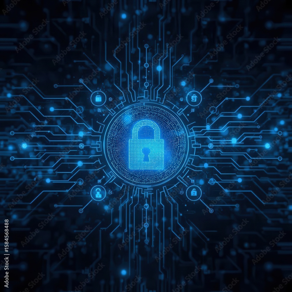 Poster cybersecurity illustration: centralized padlock symbolises secure data transfer in a digital network