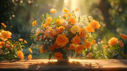 Bright Orange Flower Bouquet Sunlit Garden Scene in Warm Natural Light